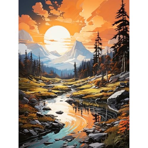 Gemartmall Berg Malen Nach Zahlen Erwachsene-Sonnenuntergang Malen Nach Zahlen für Erwachsene,Landschaft Acrylfarbe Malen Nach Zahlen Erwachsene Set zur Geschenk und Heimdekoration (30x40cm) von Gemartmall