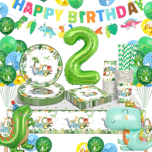 yosiio Dinosaurier Party Geschirr Set, 16 Gäste Dinosaurier 2 Geburtstag Dekoration Set, Party Supplies Pappteller Becher Servietten Tischdecke Luftballons für 2 Kindergeburtstag Babyparty von yosiio