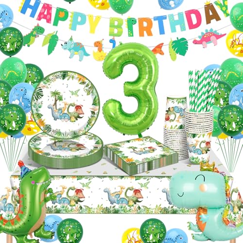 yosiio Dinosaurier Party Geschirr Set, 16 Gäste Dinosaurier 3 Geburtstag Dekoration Set, Party Supplies Pappteller Becher Servietten Tischdecke Luftballons für 3. Kindergeburtstag Babyparty von yosiio