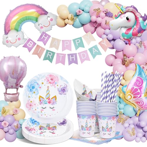 yosiio Einhorn Party Geschirr Set, Schmetterling Thema Party Supplies, Einhorn Geburtstag Dekoration Set, Pappteller mit Schmetterling Luftballons für Kinder Geburtstag Baby Shower 16 Gäste von yosiio