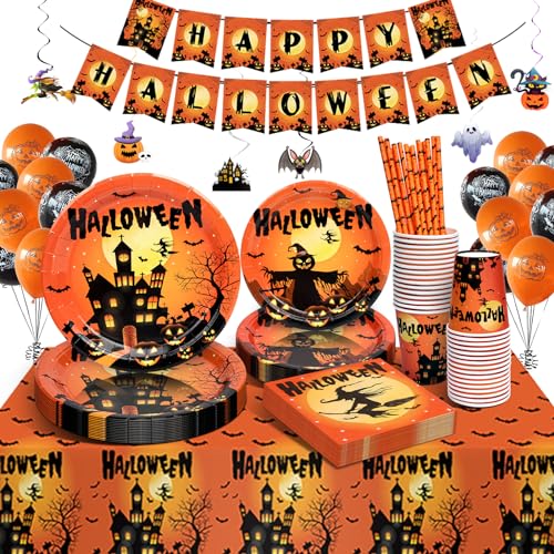 yosiio Halloween Partygeschirr Set, Halloween Party Geschirr, Halloween Deko Set mit Halloween Pappteller Luftballons Tischdecke Servietten Banner Becher Halloween Party Dekoration für Kinder 16 Gäste von yosiio