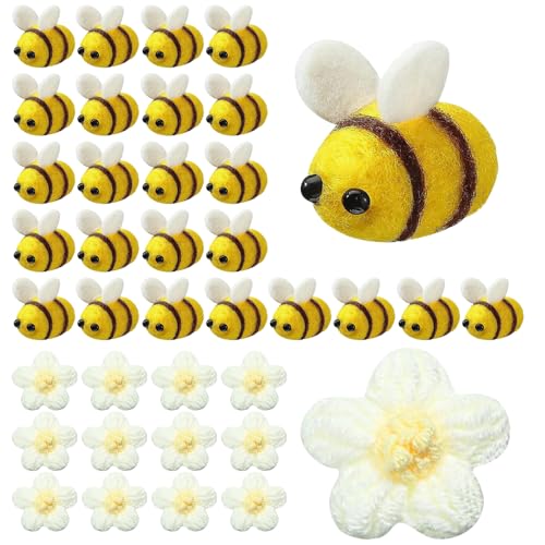 yotutun 36 Stück Bienen Deko mit Weißen Häkelblumen, Filzen mit Wolle Mini Biene Dekoration Kleine Filzbienen Figuren als Streudeko perfekt für Babyparty DIY Handwerk Party Dekoration von yotutun