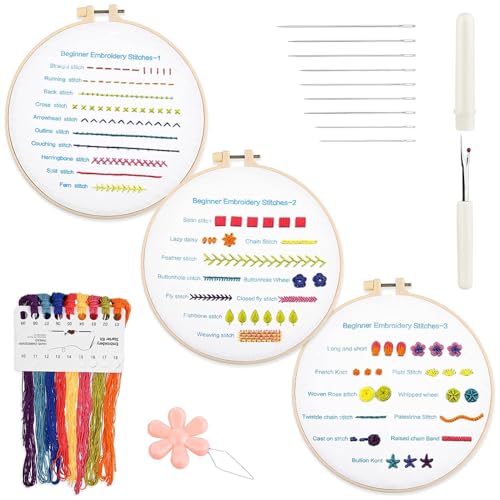 yotutun Anfänger Stickerei Set, 3-Sätze Erwachsener Stickerei-Kit, Blumenmuster Pflanzen Kreuzstich-Kit zu 30 verschiedene Stiche, Kreuzstich-Set mit Farbfäden und Werkzeugen für DIY Kunst von yotutun