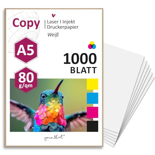 younikat 1000 Blatt blanko 80 g/m² Papier in weiß I Kopierpapier I Rezeptpapier I DIN A5 I dv1419 von younikat