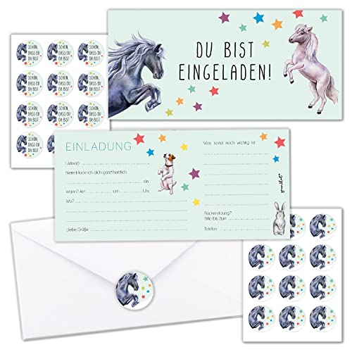 younikat 10er-Set Einladungskarten Kindergeburtstag I für verschiedene Anlässe mit Pferd-Motiv I DIN Lang - 9,8 x 21 cm I mit Umschlägen und passenden Aufklebern I PEFC Zertifiziert I dv1112 von younikat