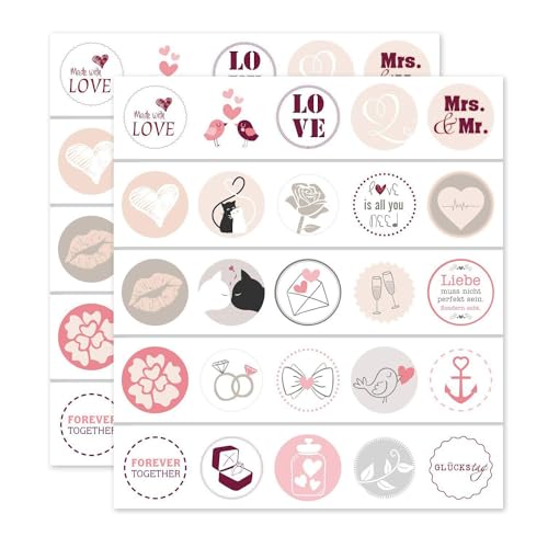 2er Set Hochzeits-Aufkleber I dv084 rosa I 50 Stück I rund Ø 3,6 cm I Geschenk-Aufkleber mit Liebes-Motiven I Deko-Sticker für Hochzeit und Valentinstag von younikat