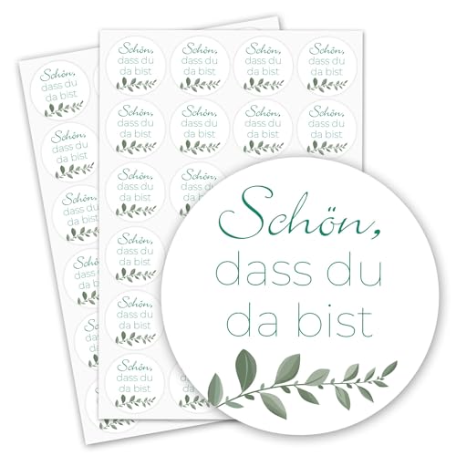 48er Set weiße Aufkleber ?Schön, dass du da bist? I Ø 4 cm I selbstklebende Sticker mit Spruch für Hochzeit, Geburtstag oder eine Verpackung I als Dankeschön I dv735 von younikat