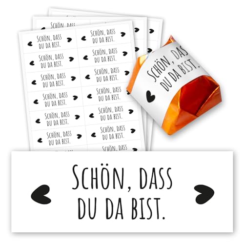 60er Aufkleber-Set Schön, dass du da bist - Gastgeschenk passend für Küsschen Pralinen I Herz I Rechteckig I dv_1354 von younikat