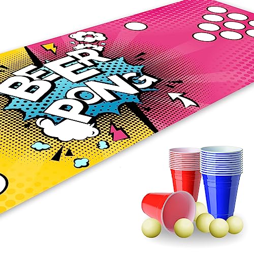 Beer Pong Set I 180 x 60 cm I Spielfeldmatte mit Pop Art Design I Inkl. 22 Partybechern und 6 Tischtennisbällen I Trinkspiel I Party-Spiele und Geburtstag I Wiederverwendbar und abwischbar I dv_820 von younikat