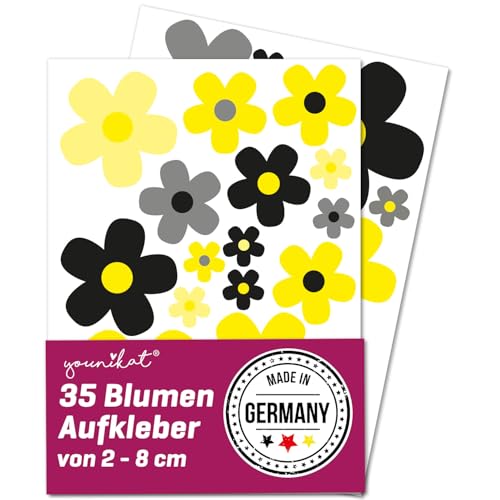 Blumen-Aufkleber-Set Blümchen schwarz-gelb I Flower-Power Sticker für Fahrrad Laptop Handy Küche Bad Fahrzeug-Aufkleber I wetterfest I kfz284 von younikat