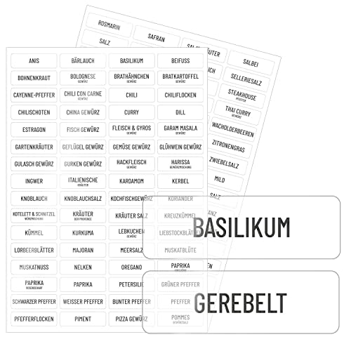 Gewürze Aufkleber-Set I klare Folie I mit vorgedruckten Eigenschaften I 128 Sticker zum beschriften I selbstklebend I schwarz I klare Gewürzetiketten I für die Küche I eckig I dv967 von younikat