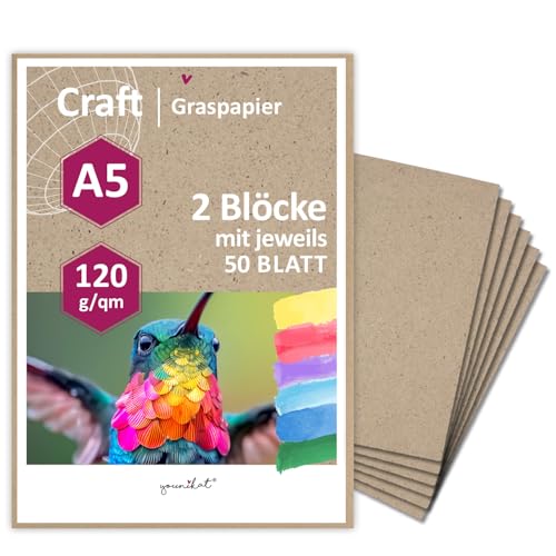 Graspapier Notiz-block-Set 120 g/m² I DIN A5 I 2 Blöcke a 50 Blatt I natürliche Färbung I Natur-Papier oben geleimt I umweltfreundlich I Umweltpapier I dv1036 von younikat