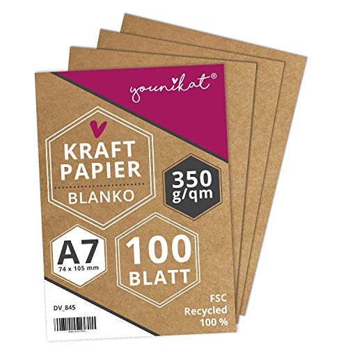 Kraftpapier DIN A7 I 350 g/m² starkes Recycling Designpapier I 100er Set I in Blanko zum selbst-gestalten DIY I Vielseitig zum schreiben malen I dv845 von younikat