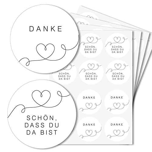 Runde Hochzeitsaufkleber-Set - Elegante Gestaltung Linien-Herz Design 48 Stück - 24x Danke - 24x Schön, dass du da bist - 4cm Durchmesser - Perfekte Ergänzung zur Hochzeitsdeko - dv_1219 von younikat