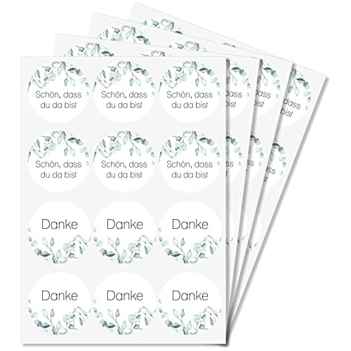 Aufkleber-Set Eukalyptus 24x Danke - 24x Schön, dass du da bist - 4cm Durchmesser - Perfekte Ergänzung zur Hochzeit Kommunion Konfirmation Taufe 48 Stück Farbe Salbei Grün - dv_1216 von younikat