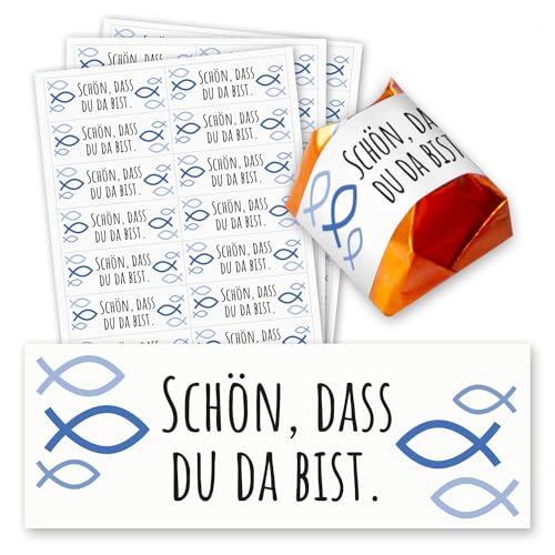 Schön, dass du da bist Aufkleber - 60 Stück - Gastgeschenk passend für Küsschen I Ichthys Fisch blau I dv1423 von younikat