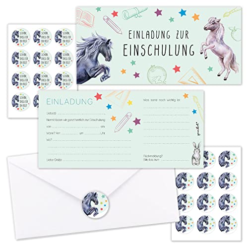 younikat 10er-Set Einladungskarten für Kinder zur Einschulung mit Pferd-Motiv I DIN Lang - 9,8 x 21 cm I mit Umschlägen I mit passenden Aufklebern I PEFC Zertifiziert I dv1113 von younikat