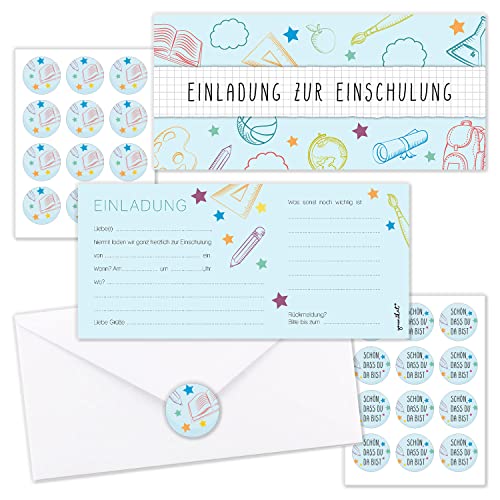 younikat 10er-Set Einladungskarten für Kinder zur Einschulung mit Schul-Motiv I DIN Lang - 9,8 x 21 cm I mit Umschlägen I mit passenden Aufklebern I PEFC Zertifiziert I dv_1114 von younikat