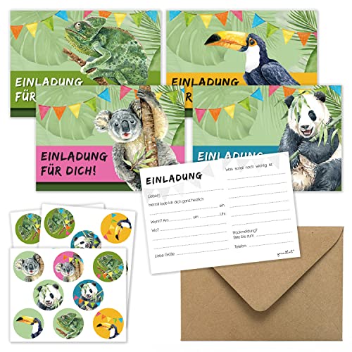 younikat 12 Einladungskarten Set zum Kindergeburtstag mit Umschlägen - Dschungel-Tiere Einladungen neutral für Jungen und Mädchen mit 24 passenden Aufklebern - dv_1165 von younikat