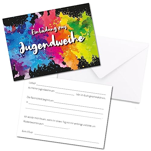 younikat 15 Einladungskarten zur Jugendweihe mit bunten Farbflecken - DIN A6 2 Seiter Querformat - Regenbogen Farbkleckse - Set mit 15 Umschlägen - dv1185 von younikat