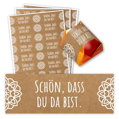 60er Aufkleber-Set Schön, dass du da bist - Gastgeschenk passend für Küsschen Pralinen I Kraftpapier I Rechteckig I dv1428 von younikat