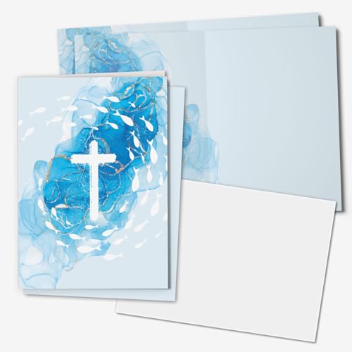 younikat Christliche Karten Kommunion Taufe Hochzeit Konfirmation I 15x DIN A6 mit Einlegeblatt I inkl. Umschlägen I Klappkarte Blaue Fische Kreuz I dv1564 von younikat