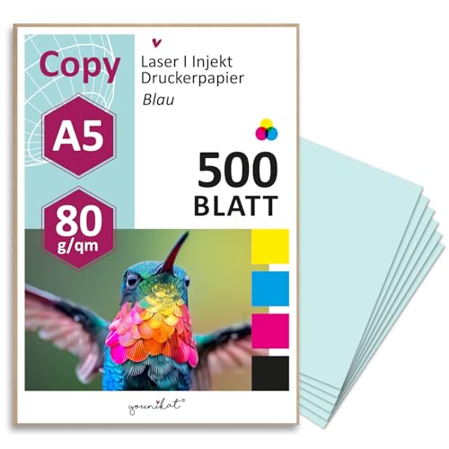 younikat DIN A5 Papier 80 g/m² I 500 Blatt in hell-blau I Kopierpapier Blanko Rezeptpapier I dv1507 von younikat