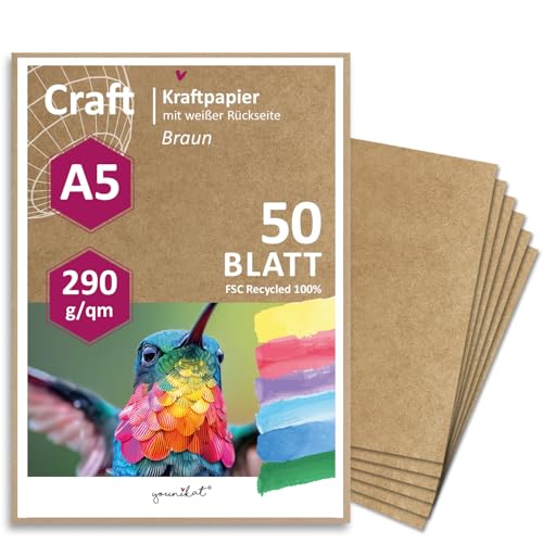 Kraftpapier I Rückseite weiß beschichtet I DIN A5 290g/m² I 50 Blatt I DIY Karton individuell gestaltbar I Verpackungen Bastel-Papier Blanko ohne Motiv und Ökologisch I dv814 von younikat