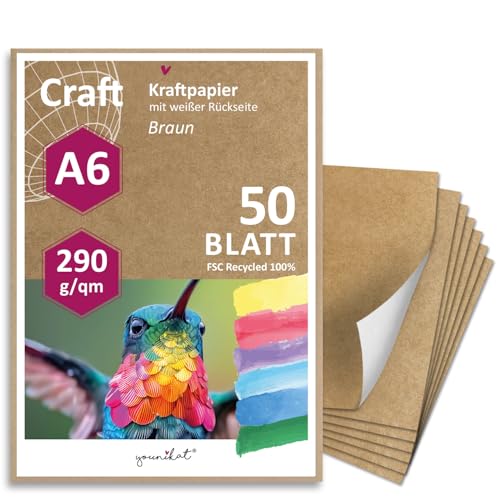 Kraftpapier I Rückseite weiß beschichtet I DIN A6 290g/m² I 50 Blatt I DIY Karton individuell gestaltbar I Verpackungen Bastel-Papier Blanko ohne Motiv und Ökologisch I dv813 von younikat