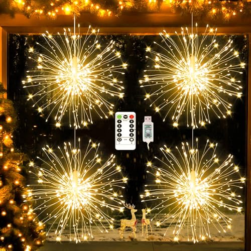 yowin Feuerwerk Lichterkette 4x120 LED Weihnachtsbeleuchtung USB-Netzteil, 8 Modi Lichterkugel Weihnachtsdeko Fenster Wasserdicht Weihnachtslichter mit Fernbedienung für Innen Außen Balkon Deko von yowin