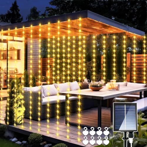 yowin Solar Lichtervorhang Aussen 3×3m 300 LED Lichterketten Vorhang mit Fernbedienung, 8 Modi Pavillon Beleuchtung Wasserdicht Lichterkette Hängend für Pavillon Balkon Boho Hochzeit Deko - Warmweiß von yowin