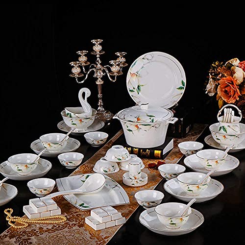 Porzellan-Geschirr-Sets, Retro-Brennofen, wechselnde Glasur, 60-teilig, Keramik-Geschirr-Kombinationsset, klassisches Blumendesign von yudPinn