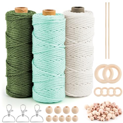 3 Stücke 60m Makramee Garn Set, Makramee Garn 3mm, Makramee Baumwollgarn, Baumwollgarn Natur eignen Sich für DIY Handwerk，Weben Dekoration und Hängepflanzen von yue