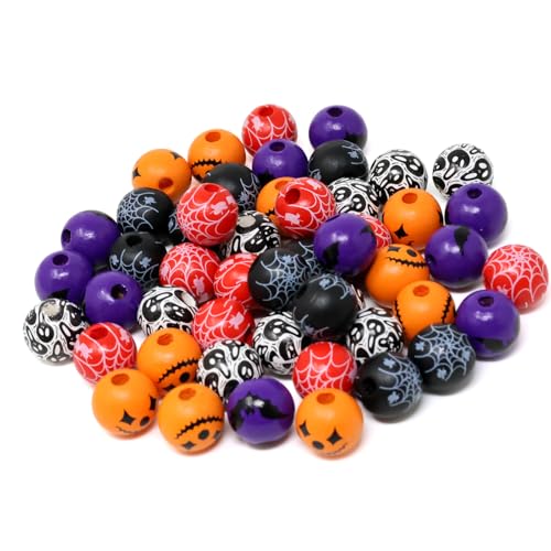 yueton Halloween-Holzperlen, Fledermäuse, Spinnennetz, Totenkopf, runde Abstandshalter, rustikale Holzperlen für Halloween-Armbänder, DIY, Heimdekoration, 50 Stück von yueton