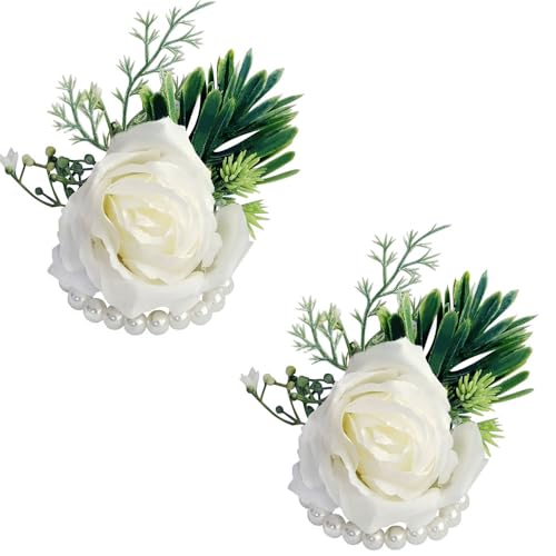 yufana 2er-Pack Weiße Handgelenk Blume, Hochzeit Handgelenk Corsage, Korsage Hochzeit Boutonniere, Rosencorsage Handgelenkblume, Geeignet für Hochzeiten, Bankette, Jubiläen usw. von yufana