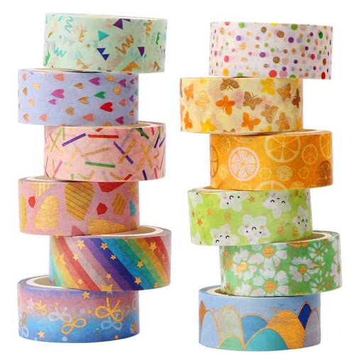 yufana Klebeband Bunt 12 Rollen Klebeband für Scrapbooking Washi Masking Tape Set Folie Gold Masking Tapes Basteln Sie Washi Tapes für Bullet Tagebuch Geschenkverpackung Urlaubsdekoration von yufana