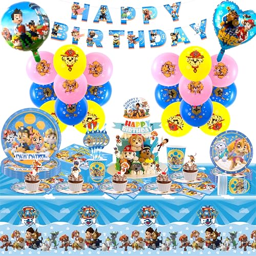 107 Stück Pa-w Partygeschirr Set, Geburtstag Party Set Deko Geburtstag Enthält Teller Becher Servietten Tischdecke Luftballon Paw Patrol Cake Topper Happy Birthday Banner für 10 Personen von yumcute