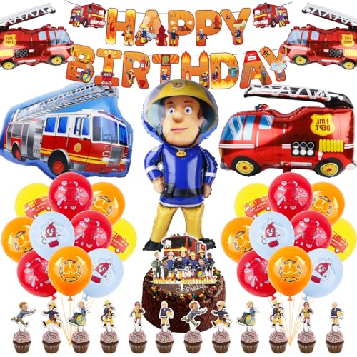 39 Stück Feuerwehrmann Geburtstag Deko,Luftballons Geburtstagsdeko 2 3 4 jahre,Kindergeburtstag Deko mit Latexballons Cupcake Topper Kuchentopper Happy Birthday Banner Folienballons von yumcute