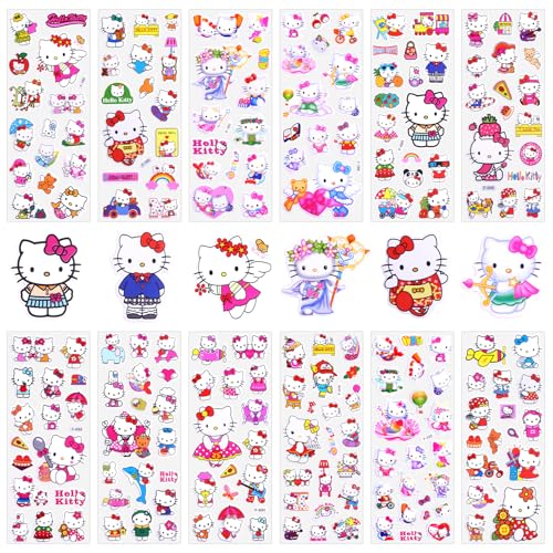 3D Aufkleber für Kinder, 12 Blatt Hello Kity Sticker Set, 140+ Anime Stickers, 3d Sticker Kinder für Party Taschen, Kawaii Aufkleber Kinder, Wiederverwendbare Sticker Kinder für Mädchen Scrapbooking von yumcute