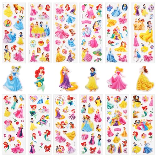 3D Aufkleber für Kinder, 12 Blatt Princess Sticker Set, 140+ Anime Stickers, 3d Sticker Kinder für Party Taschen, Kawaii Aufkleber Kinder, Wiederverwendbare Sticker Kinder für Mädchen Scrapbooking von yumcute