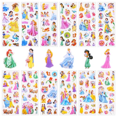 3D Aufkleber für Kinder, 12 Blatt Prinzessin Sticker Set, 140+ Geschwollen Stickers, 3d Sticker Kinder für Party Taschen, Kawaii Aufkleber Kinder, Wiederverwendbare Aufkleber y2k für Scrapbooking von yumcute