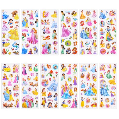 3D Puffy Aufkleber für Kinder,12 Blätter Verschiedene Prinzessin Geschwollen Stickers, Niedliche Wiederverwendbare Sticker für Scrapbooking,Jungen Mädchen Kleinkinder von yumcute