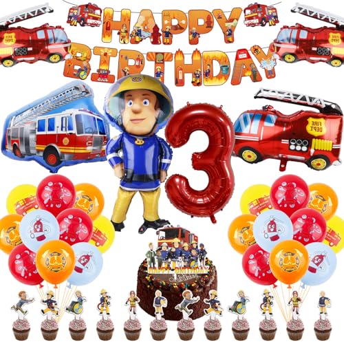 40 Stück Feuerwehrmann Geburtstag Deko,Luftballons Geburtstagsdeko 2 3 4 jahre,Kindergeburtstag Deko mit Latexballons Cupcake Topper Kuchentopper Happy Birthday Banner Folienballons von yumcute