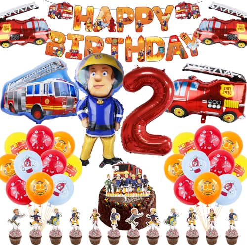 40 Stück Feuerwehrmann Geburtstag Deko,Luftballons Geburtstagsdeko 2 3 4 jahre,Kindergeburtstag Deko mit Latexballons Cupcake Topper Kuchentopper Happy Birthday Banner Folienballons von yumcute