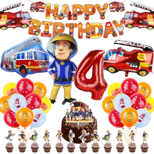 40 Stück Feuerwehrmann Geburtstag Deko,Luftballons Geburtstagsdeko 2 3 4 jahre,Kindergeburtstag Deko mit Latexballons Cupcake Topper Kuchentopper Happy Birthday Banner Folienballons von yumcute