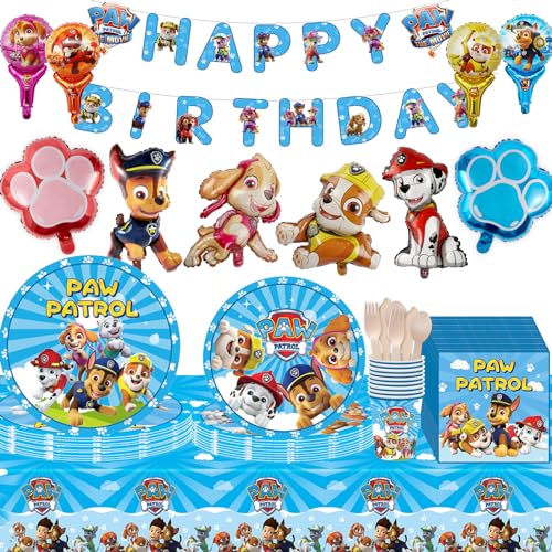 82PCS Wiederverwendbar Pappteller Kindergeburtstag Pow Dog Geburtstag Deko, Geburtstag Geschirr Set, Wiederverwendbar Becher Servietten Tischdecke Geschirr Set Partygeschirr Geburtstag von yumcute