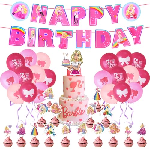 38Pcs Bar-bie Luftballons Geburtstag Mädchen, Bar-bie Luftballons Set Kindergeburtstag Deko, Prinzessin Thema Dekoration Balloons Birthday Decoration for Children Party Balloons von yumcute