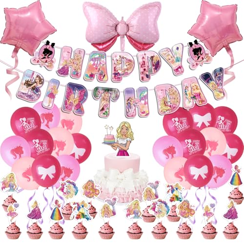 41Pcs Bar-bie Prinzessin Geburtstag Deko Set, Rosa Luftballons Set Kindergeburtstag Deko Luftballons, Prinzessin Thema Dekoration Foil Balloons Birthday Decoration for Children Party Balloons von yumcute