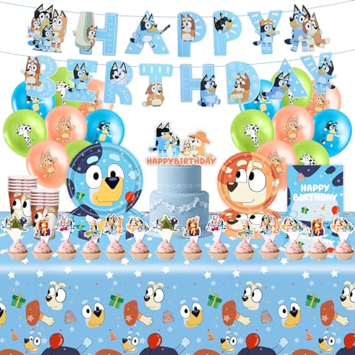 Bule 83PCS Bluey Pappteller Kindergeburtstag+Bluey Geburtstag Deko, Partygeschirr Geburtstagsdeko Set, Teller Servietten Tischdecke Set Partygeschirr Geburtstag Kindergeburtstag für 20 Personen von yumcute