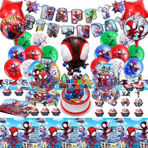 Geburtstagsdeko Partygeschirr, Spider Geburtstagsdeko Deko, Luftballon Und Tortendeko, 79pcs Spidey Geburtstagsdeko Deko Geburtstag Kinder-Servietten, Pappteller, Tischdecke, Geschenkpapier, Banner von yumcute